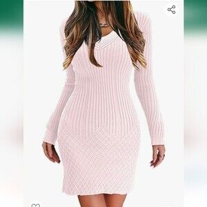 Womens Sweater Dress Long Sleeve Ribbed Knit  Bodycon Dress Small Light Pink